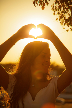 woman holding up heart sign at sunset